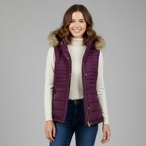 Special One Burgundy Puffer Vest with Faux Fur Rimmed Hood - Size Junior XL